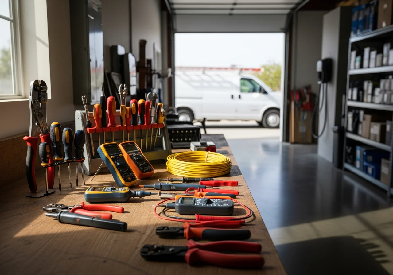 Electrical contractor tools and equipment on workbench, ready for service calls.