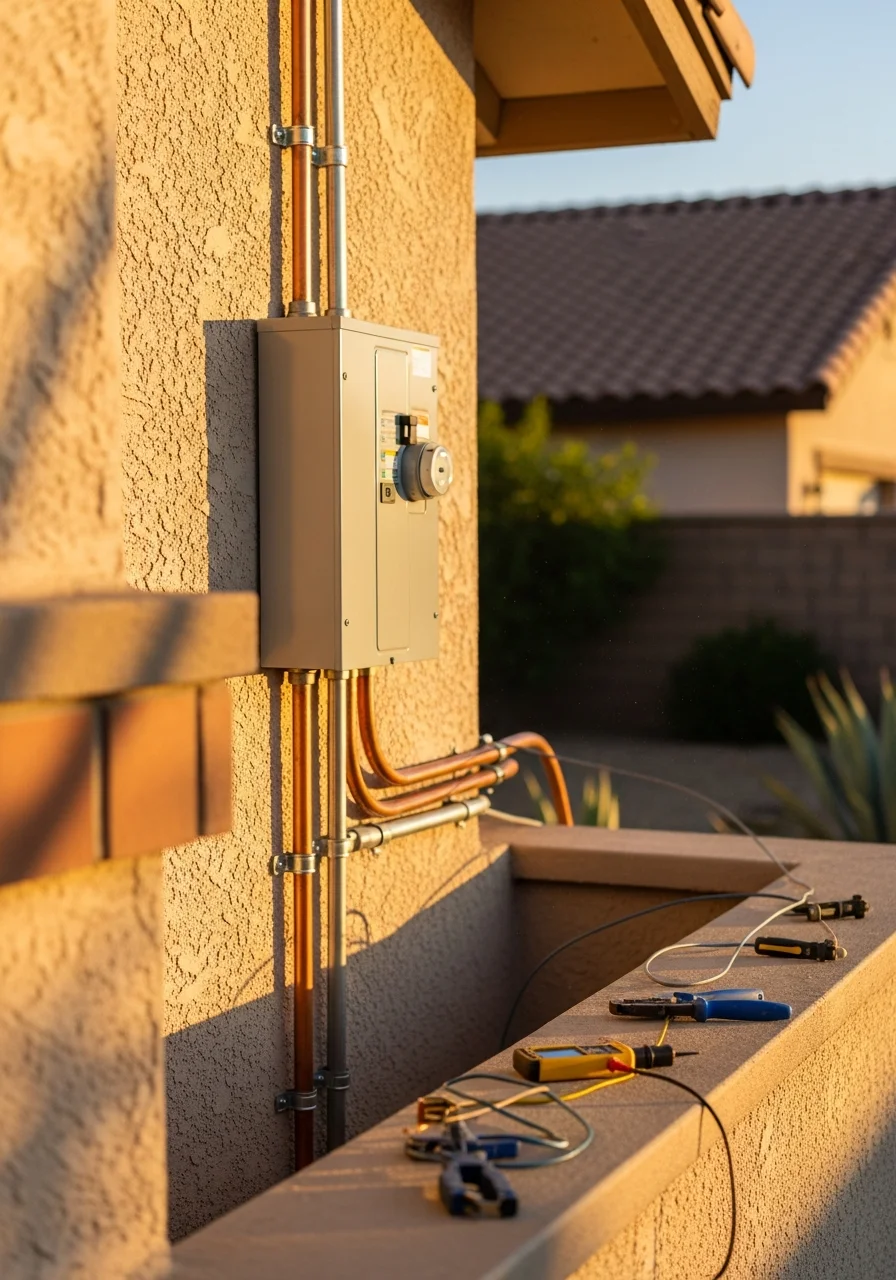 Tradesperson performing detailed work on an Inland Empire home with typical regional architectural features.