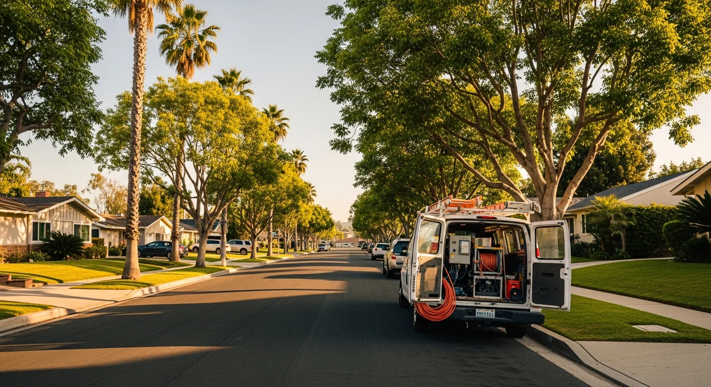 Residential street in Orange County with palm trees and mixed-style homes ranging from mid-century to modern construction.