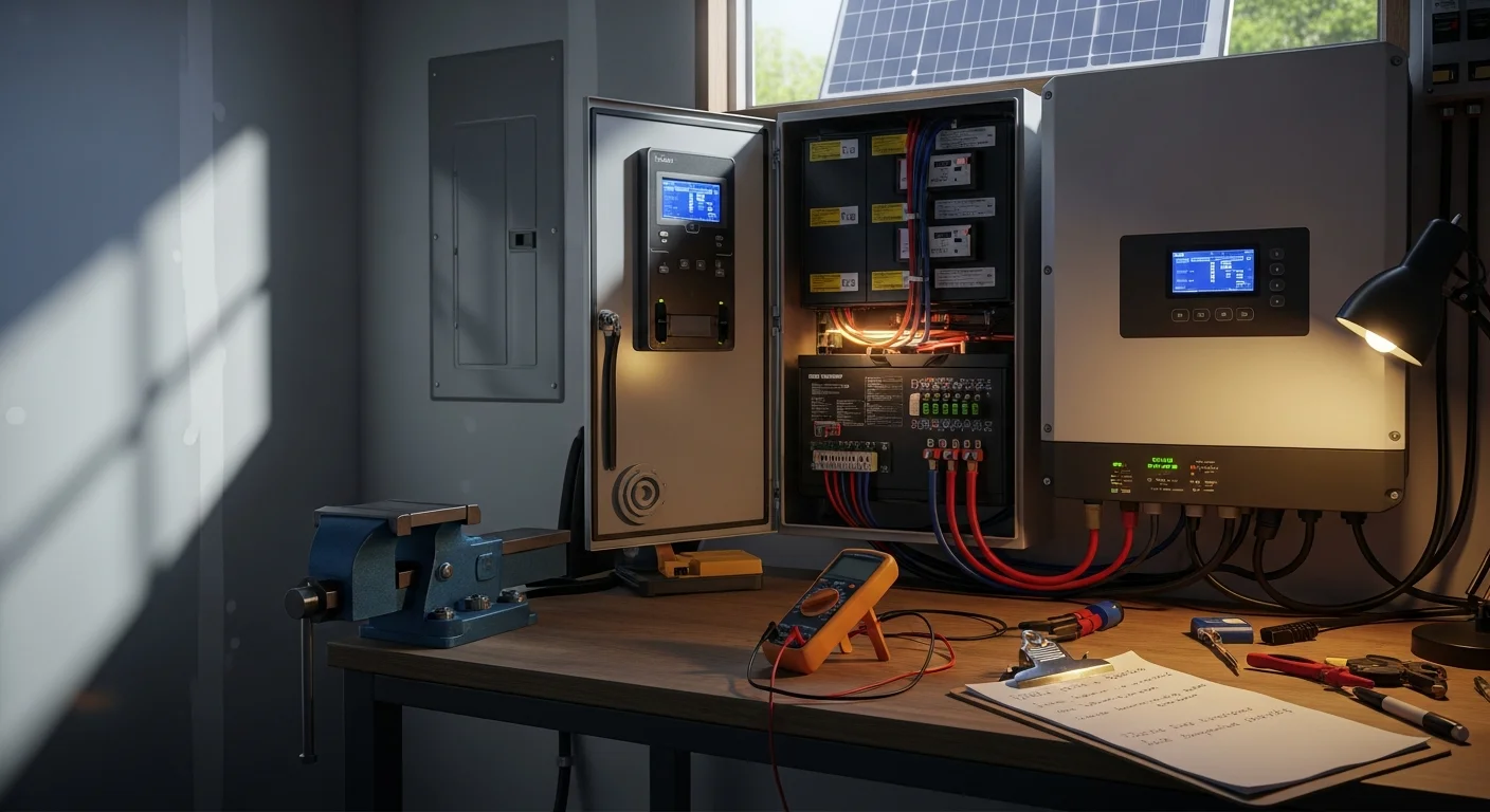 An HCE-Electric technician inspecting a solar-paired home battery backup system mounted on the exterior wall of an Orange County, CA residence. The technician checks inverter connections and transfer switch components on a clear Southern California day.