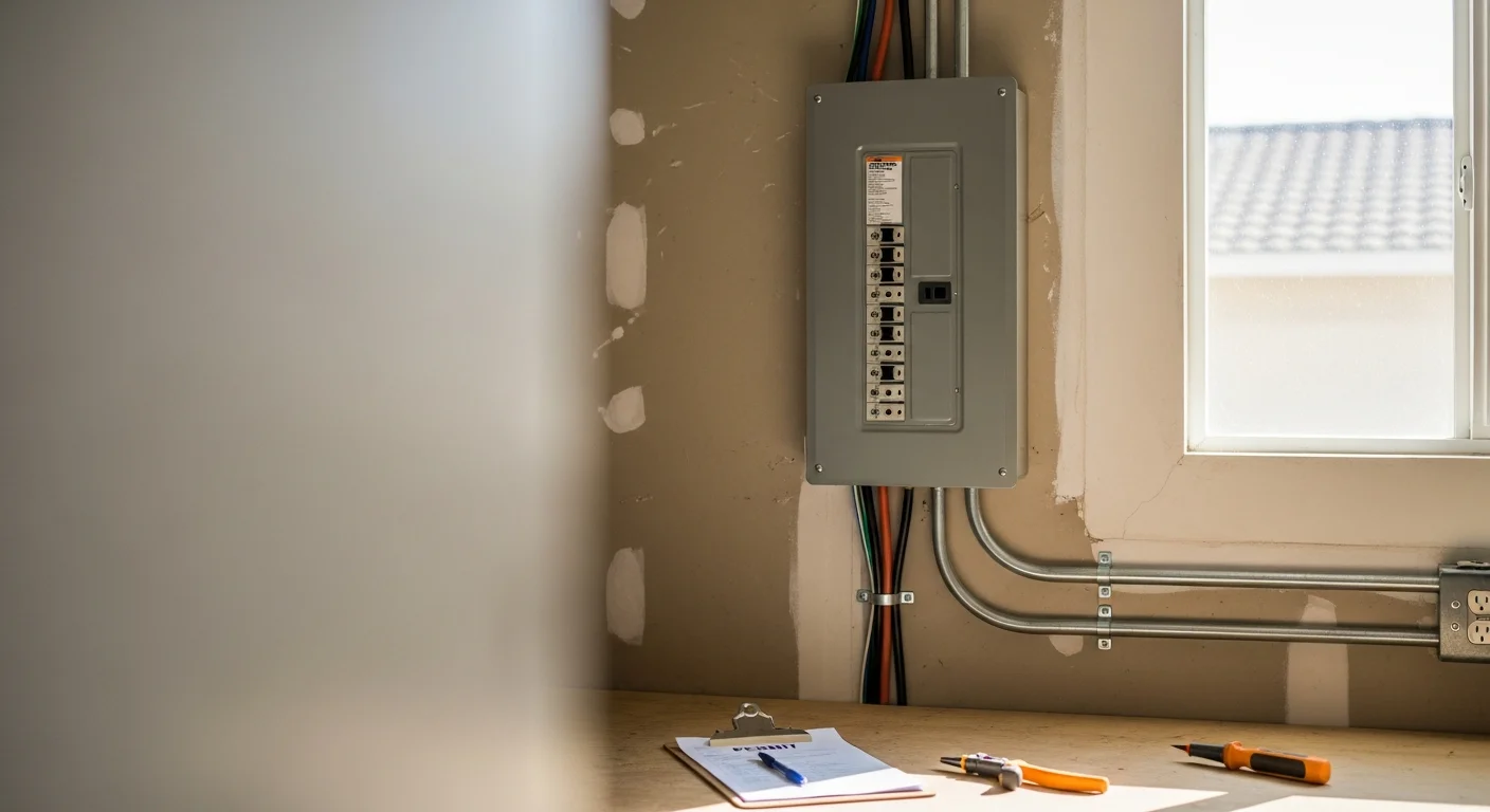 A licensed HCE-Electric electrician installing a new 200-amp residential electrical panel inside an Orange County, CA home. The panel is mounted on an interior wall with clearly labeled circuit breakers and organized wiring.