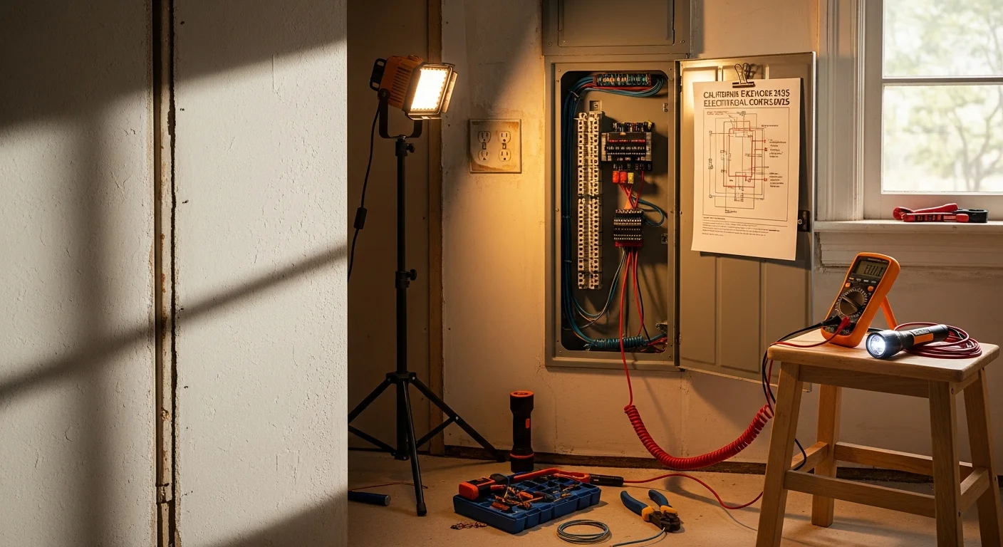 A licensed HCE-Electric electrician inspecting a residential electrical panel inside an older Orange County, CA home. The panel cover is open and the electrician is using a diagnostic tool to test circuit connections.