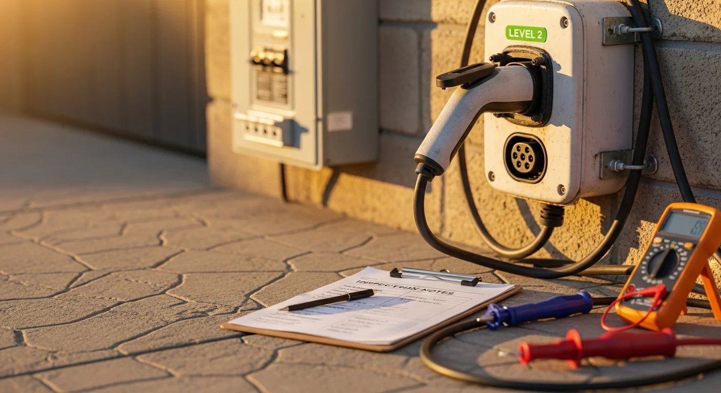 A licensed HCE-Electric technician inspecting a Level 2 EV charger mounted on the interior wall of a residential garage in Orange County, CA. The technician checks the cable connector and wiring connections on a 240-volt dedicated circuit.