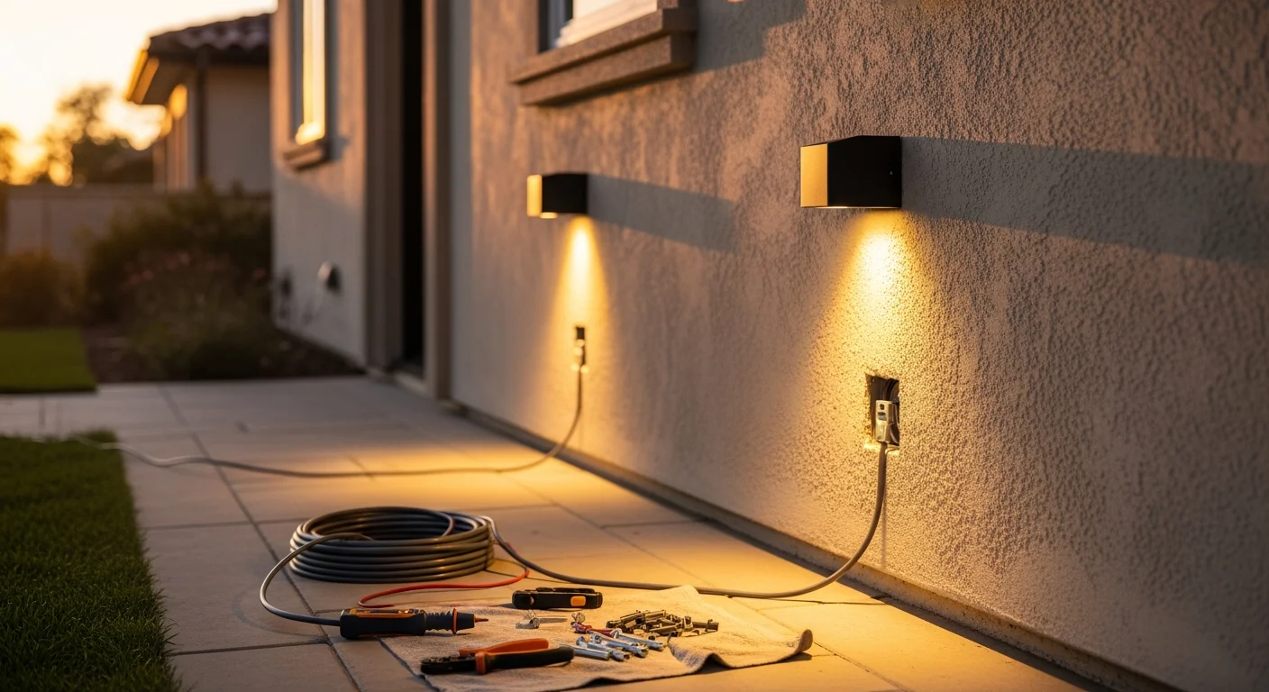 A licensed electrician from HCE-Electric installing a wall-mounted exterior light fixture on the front facade of a single-family home in Orange County, CA. Pathway lights and uplighting fixtures are visible along the front walkway in the early evening.