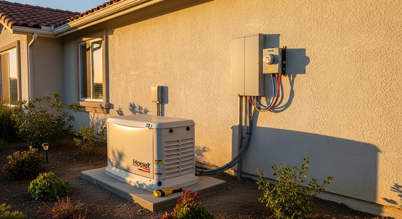 A licensed electrician from HCE-Electric wiring a standby generator transfer switch at a residential electrical panel in Orange County, CA. The generator unit is mounted on a concrete pad outside a single-family home with a stucco exterior typical of Southern California construction.