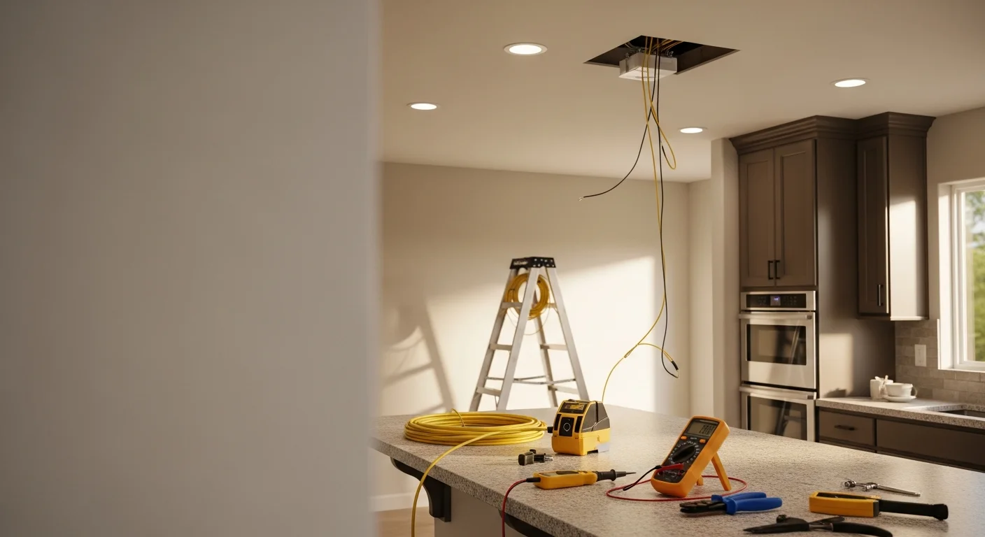 A licensed HCE-Electric electrician installing recessed LED fixtures in the ceiling of an Orange County, CA living room. Finished fixtures are flush-mounted and evenly spaced above a residential seating area.