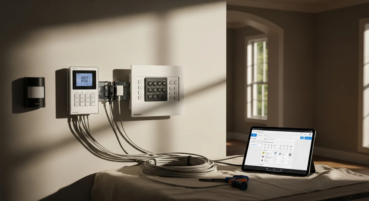A licensed electrician from HCE-Electric programming a wall-mounted lighting control keypad inside an Orange County, CA home. Multiple room zones are visible on the panel display, with recessed ceiling lights dimmed to different levels in the background.