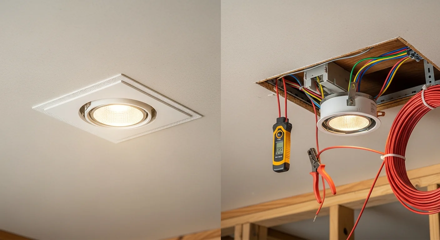 Finished recessed LED lighting installation in a residential living room ceiling in Orange County, CA. Evenly spaced flush-mount fixtures illuminate the room with clean, shadow-free light.