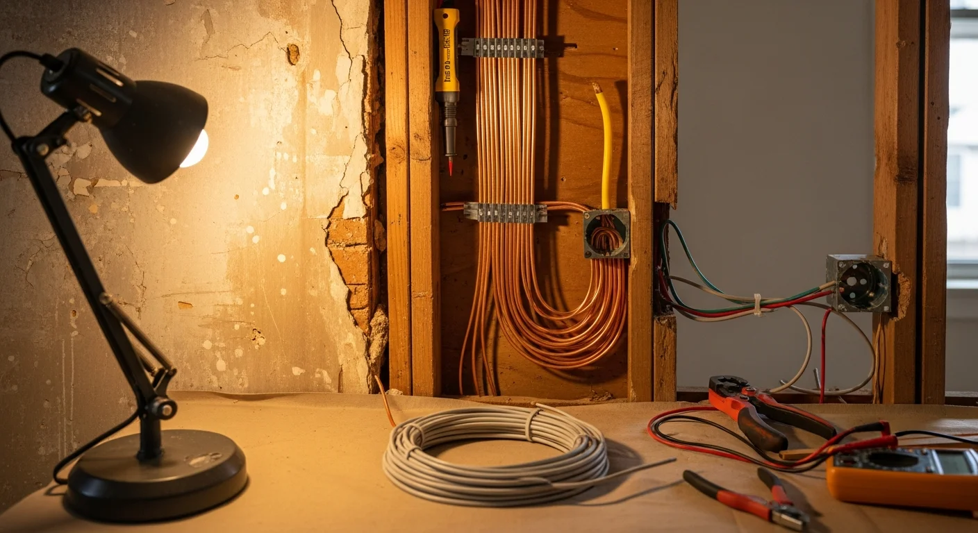 A licensed electrician from HCE-Electric running new copper wiring through an open wall cavity in an older Orange County, CA home. Freshly installed wiring is visible alongside the wall studs, with electrical boxes positioned for updated outlet placement.